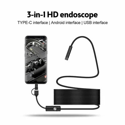 3-in-1 Type-C / Micro USB / PC Endoscope Camera 3.5m – HD Lens, Adjustable LED Lights, IP67 Waterproof